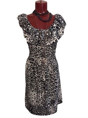 Allison Brittney Animal Print Ruffle Cap Sleeve Black/White Dress- Sz: L LARGE